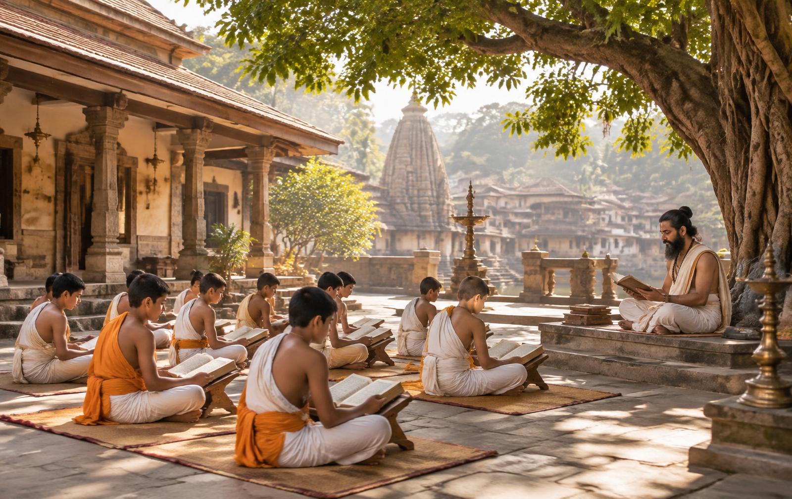 गुरुकुलातील विद्यार्थी सकाळच्या प्रकाशात अभ्यास करताना